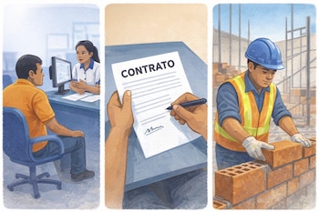 Ilustración de tres paneles: un hombre en entrevista, manos firmando un contrato, y un obrero con casco azul y chaleco colocando ladrillos en una obra.
