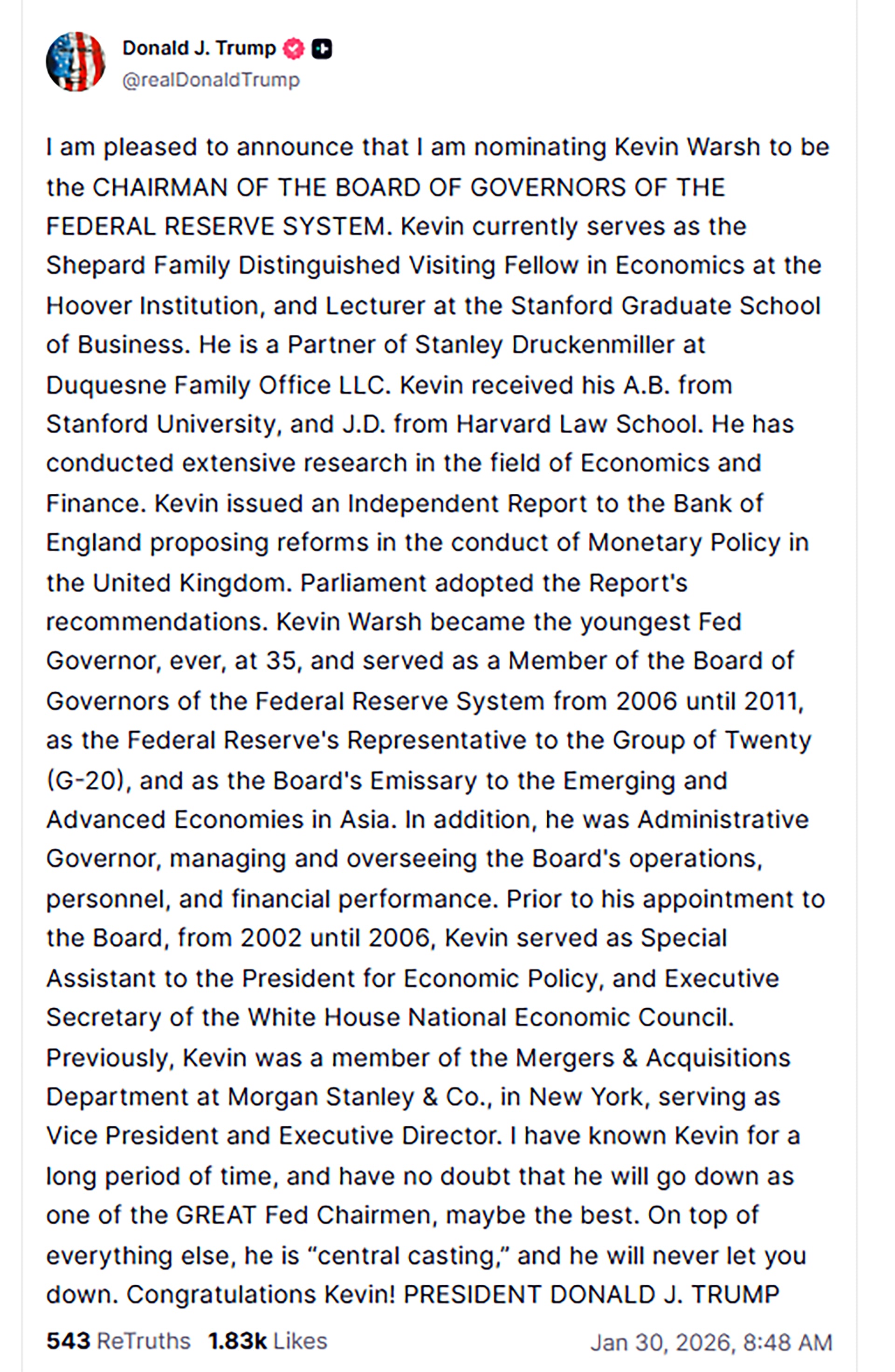 Donald Trump nominó a Kevin Warsh como nuevo presidente de la Reserva Federal