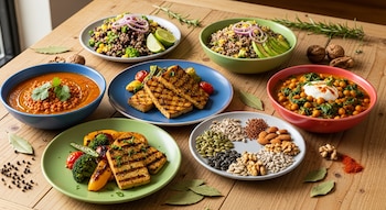 Platos con lentejas, quinoa, tofu a la parrilla, garbanzos, semillas de girasol, calabaza, almendras y nueces sobre una mesa de madera.