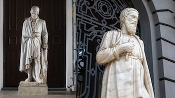 Las reproducciones permiten que figuras históricas como Dante, Galileo, Rafael y Miguel Ángel vuelvan a relacionarse con el espacio público limeño. Composición: Infobae
