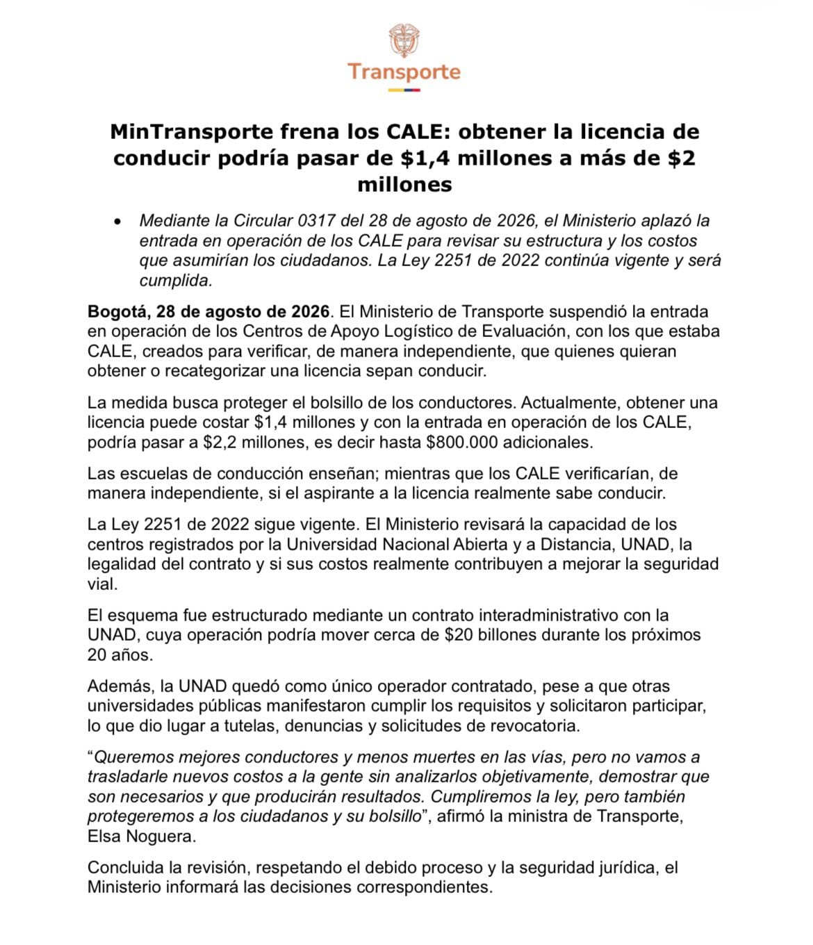 La ministra Elsa Noguera afirmó que el Gobierno busca mejorar la seguridad vial sin trasladar nuevos costos a los ciudadanos - crédito Ministerio de Transporte/X