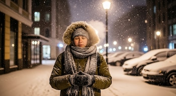 Una persona con un abrigo verde, gorro y bufanda de invierno, de pie en una calle nevada. La nieve cae y el vaho sale de su boca bajo una farola.