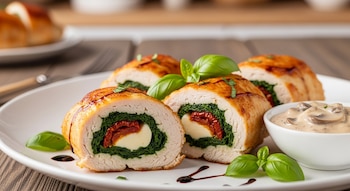 Rollitos de pechuga de pollo rellenos de espinacas, queso y tomates secos, cortados y servidos en un plato blanco con salsa de champiñones y albahaca.