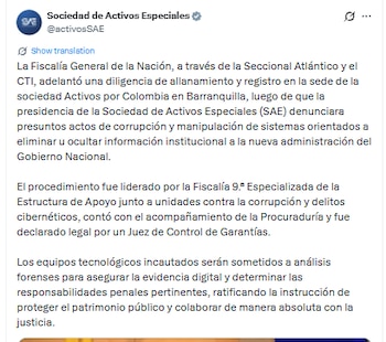 La Fiscalía abrió actuaciones luego de recibir alertas sobre hechos que podrían afectar registros digitales bajo custodia de la sociedad y el acceso de sus nuevos directivos - crédito @activosSAE/X