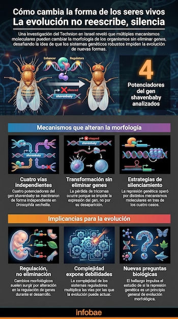 Infográfico vertical mostra mudanças evolutivas devido ao silenciamento de genes. Mostra uma mosca da fruta, DNA, um regulador e um embrião.