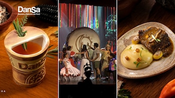 Tríptico que muestra un cóctel artesanal, bailarines frente a un gran tambor en un escenario y un plato de carne con puré