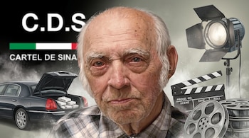 Retrato de Leo Sharp, logo del Cártel de Sinaloa, un automóvil Lincoln con bultos en el maletero, claqueta de cine, rollos de película y un foco de luz.