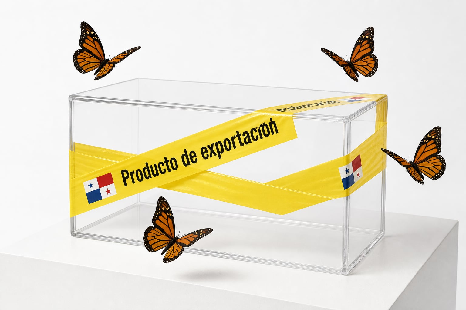 Una caja transparente sellada con cinta de Panamá simboliza la exportación comercial rodeada por mariposas monarca. (Imagen Ilustrativa Infobae)