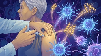 Mujer mayor de cabello gris recibiendo una inyección en el brazo. Células inmunitarias luminosas azules y moléculas doradas en espiral flotan en el fondo.