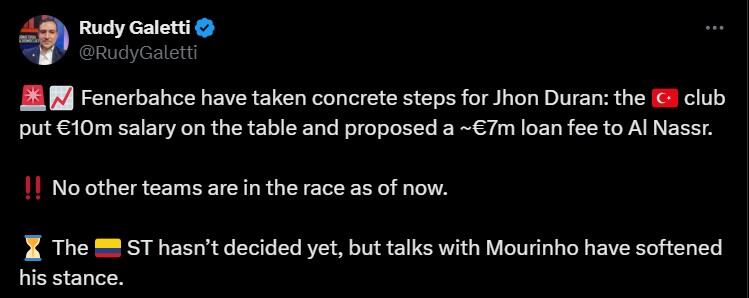 Jhon Jáder Durán tendría un salario mucho menor a lo que ganaba con Al Nassr, para firmar con el Fenerbahce - crédito @RudyGaletti/X