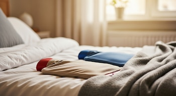 Dos bolsas de agua caliente, una roja con funda beige y otra azul, reposan sobre una cama con sábanas blancas y una manta gris. Ventana al fondo.