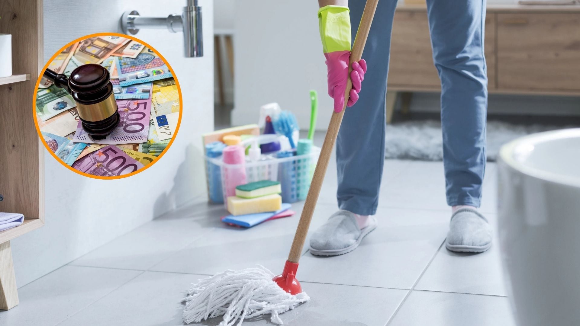 Una empleada del hogar y un mazo de juez sobre billetes de euro (Montaje Infobae)