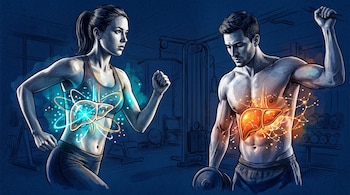 Ilustración de una mujer corriendo y un hombre levantando pesas, ambos con una representación brillante del hígado en sus torsos