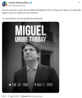 Centro Democrático resaltó el legado de Miguel Uribe Turbay en el aniversario de su partida - crédito @CeDemocratico/X