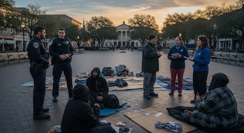 Policías y trabajadores sociales hablan con varias personas sin hogar sentadas en el suelo de una plaza adoquinada al amanecer, con edificios históricos y árboles de fondo.