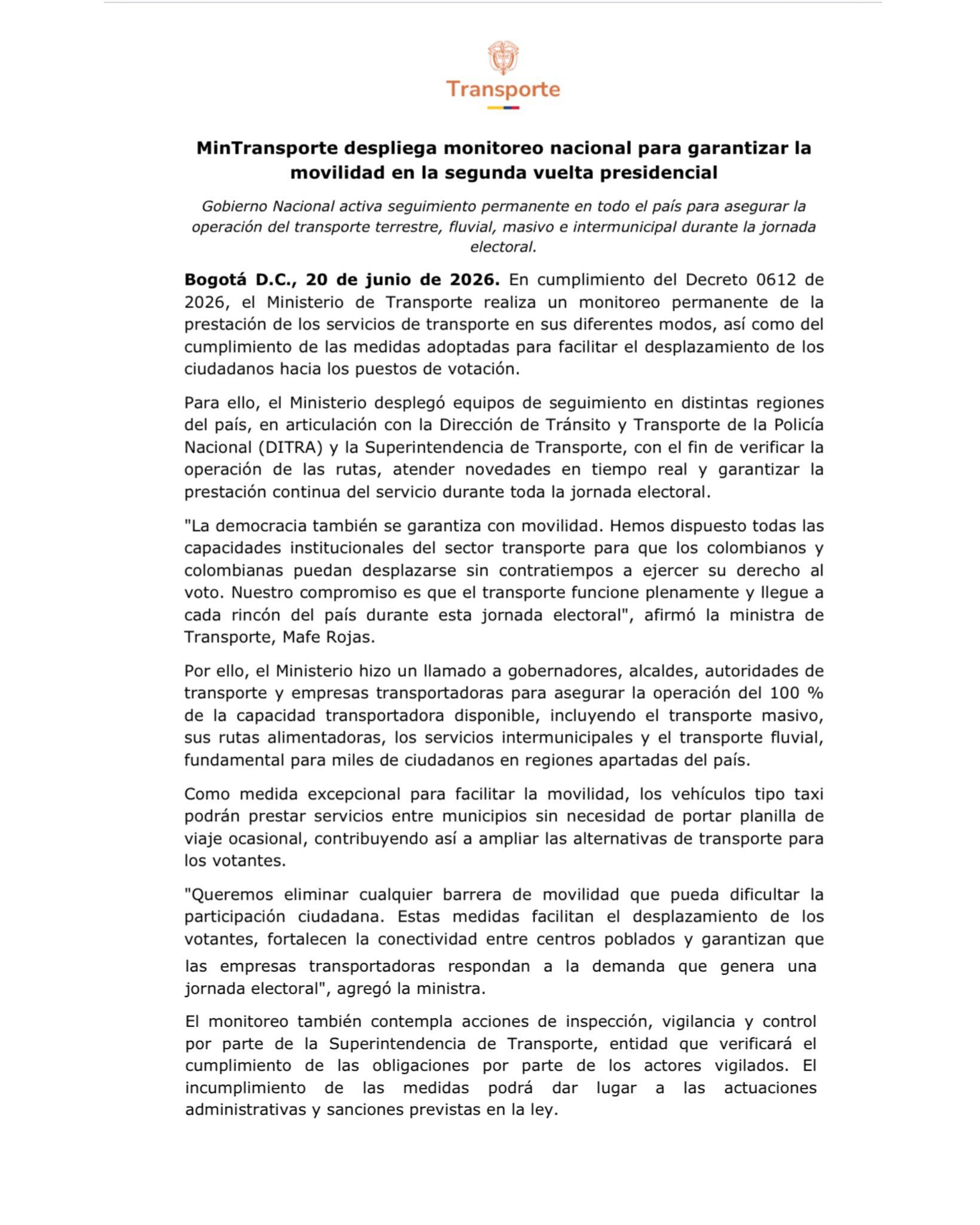 Este es el comunicado oficial del Ministerio de Transporte, antes de las elecciones en segunda vuelta - crédito Ministerio de Transporte