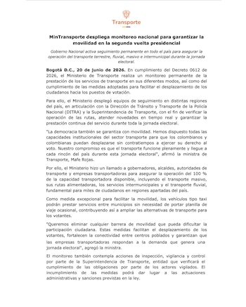 Este es el comunicado oficial del Ministerio de Transporte, antes de las elecciones en segunda vuelta - crédito Ministerio de Transporte