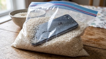 Un teléfono inteligente negro con gotas de agua dentro de una bolsa plástica con sello hermético y granos de arroz crudo sobre una mesa.
