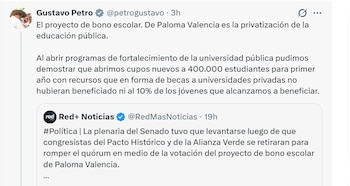 Gustavo Petro rechazó la iniciativa de Paloma Valencia sobre los bonos escolares en el Senado - crédito @petrogustavo/X