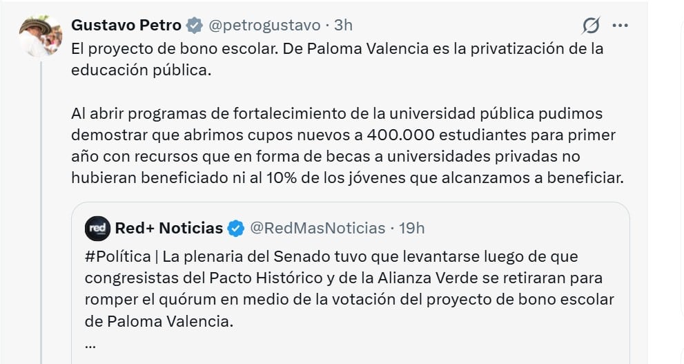 Gustavo Petro rechazó la iniciativa de Paloma Valencia sobre los bonos escolares en el Senado - crédito @petrogustavo/X