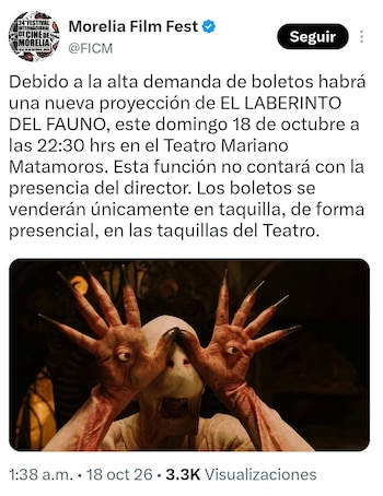 Captura de una publicación de redes sociales con texto informativo y un fotograma de un personaje con ojos en las palmas de las manos