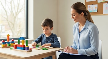 Un niño y una psicóloga sentados en una mesa frente a una ventana, el niño interactúa con bloques de madera y un puzle, la psicóloga sonríe y toma notas.