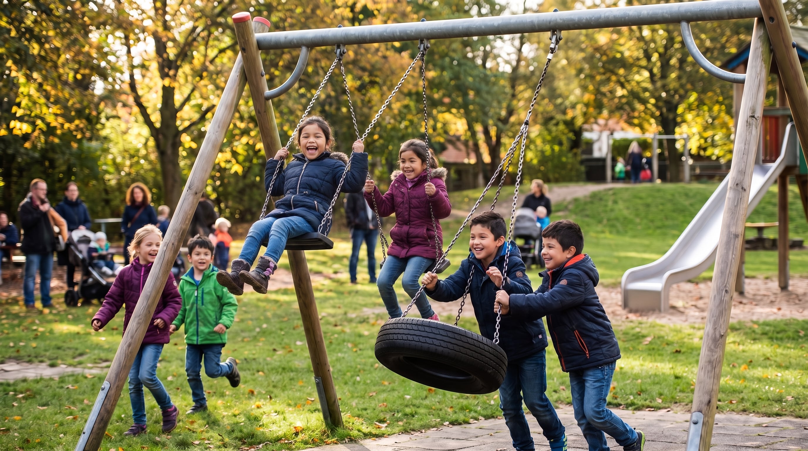 Un grupo de niños juega y ríe en los columpios de un parque, con árboles de follaje otoñal de fondo y otros adultos y menores presentes. (Imagen Ilustrativa Infobae)