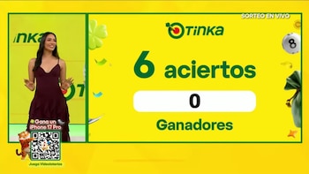 Presentadora junto a un panel amarillo del sorteo Tinka que indica seis aciertos y cero ganadores
