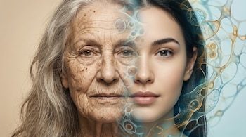 Rostro humano dividido por la mitad: un lado con arrugas y cabello canoso, el otro con piel tersa y cabello oscuro, fusionado con formas celulares abstractas.