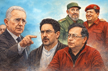 Ilustración de Álvaro Uribe señalando a Iván Cepeda y Gustavo Petro, con Fidel Castro y Hugo Chávez sonriendo detrás.