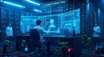 Ingenieros en un centro de datos futurista observan duendes ciberpunk verdes entre servidores. Las pantallas holográficas azules muestran código y una advertencia.