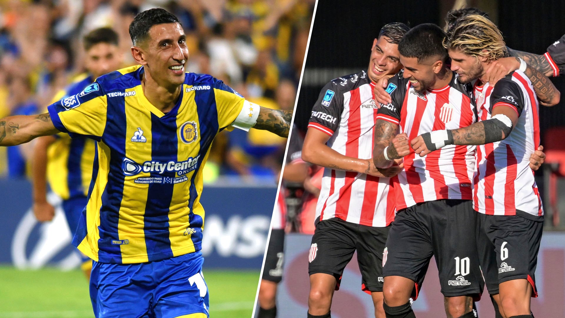 La imagen dividida muestra a un jugador de Rosario Central celebrando y a tres jugadores de Instituto o Central Córdoba en un abrazo, anticipando sus próximos encuentros cruciales. (.)