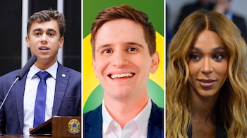 Retratos individuales de Nikolas Ferreira, Lucas Pavanato y Erika Hilton ubicados uno junto al otro y divididos por líneas blancas.