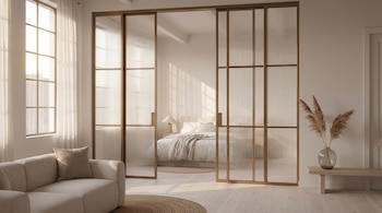 Sala de estar y dormitorio separados por puertas correderas de cristal estriado. Un sofá beige, ventana grande y jarrón con ramas secas.