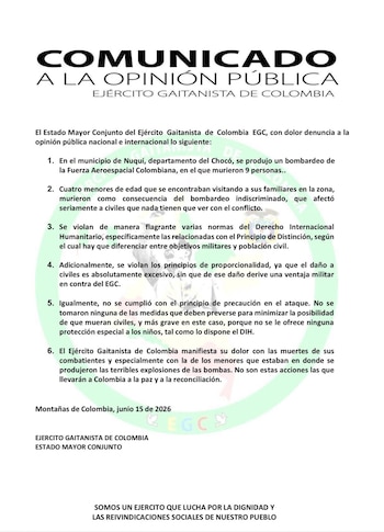 El grupo armado cuestionó las condiciones en las que se desarrolló el bombardeo. - crédito @soygaitanista/X