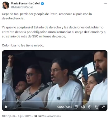 María Fernanda Cabal señaló a Iván Cepeda como “mal perdedor” y le pidió renunciar - crédito @MariaFdaCabal/X