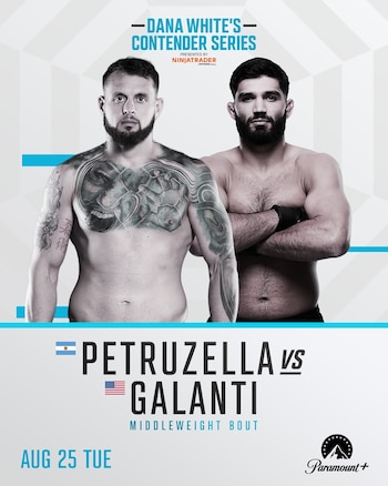 Cartel gráfico con las imágenes de dos peleadores con el torso descubierto sobre un fondo blanco y el texto Petruzella vs Galanti