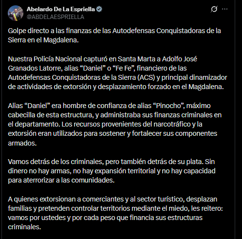 Según Abelardo de la Espriella, el capturado era hombre de confianza de alias Pinocho, identificado como máximo cabecilla del grupo armado, y se encargaba de administrar sus finanzas criminales en el departamento - crédito @ABDELAESPRIELLA/X