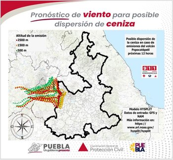 Mapa que muestra la dirección que tomarán las emisiones del volcán Popocatépetl este miércoles 7 de agosto 2024