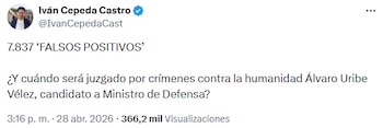 Iván Cepeda exigió justicia y cuestionó posible nombramiento de Álvaro Uribe Vélez tras cifra de falsos positivos - @IvanCepedaCast/X
