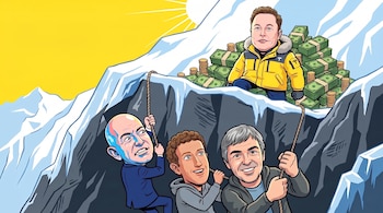 Dibujo de Elon Musk junto a billetes en una cima nevada, con Jeff Bezos, Mark Zuckerberg y Larry Page sujetando cuerdas debajo.