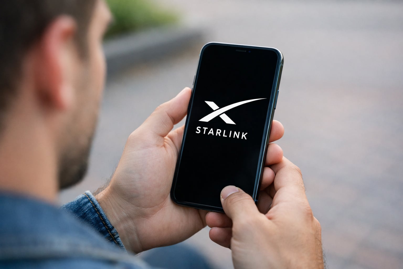 Una persona sostiene un teléfono inteligente que muestra el logotipo blanco de Starlink sobre un fondo negro en su pantalla, simbolizando el acceso a internet satelital. (Imagen Ilustrativa Infobae)