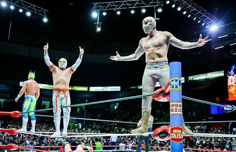 En una lucha estelar espectacular, el Sky Team venció a sus rivales con lances aéreos y grandes combinaciones. Místico brilló con una huracarrana final sobre Ángel de Oro para sellar el triunfo técnico en tres emocionantes caídas.(Instagram @CMLL_MX)