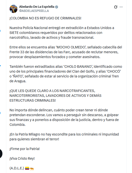 El presidente Abelardo de la Espriella celebró la extradición de alias Mocho Olmedo y otros señalados criminales - crédito @ABDELAESPRIELLA/X