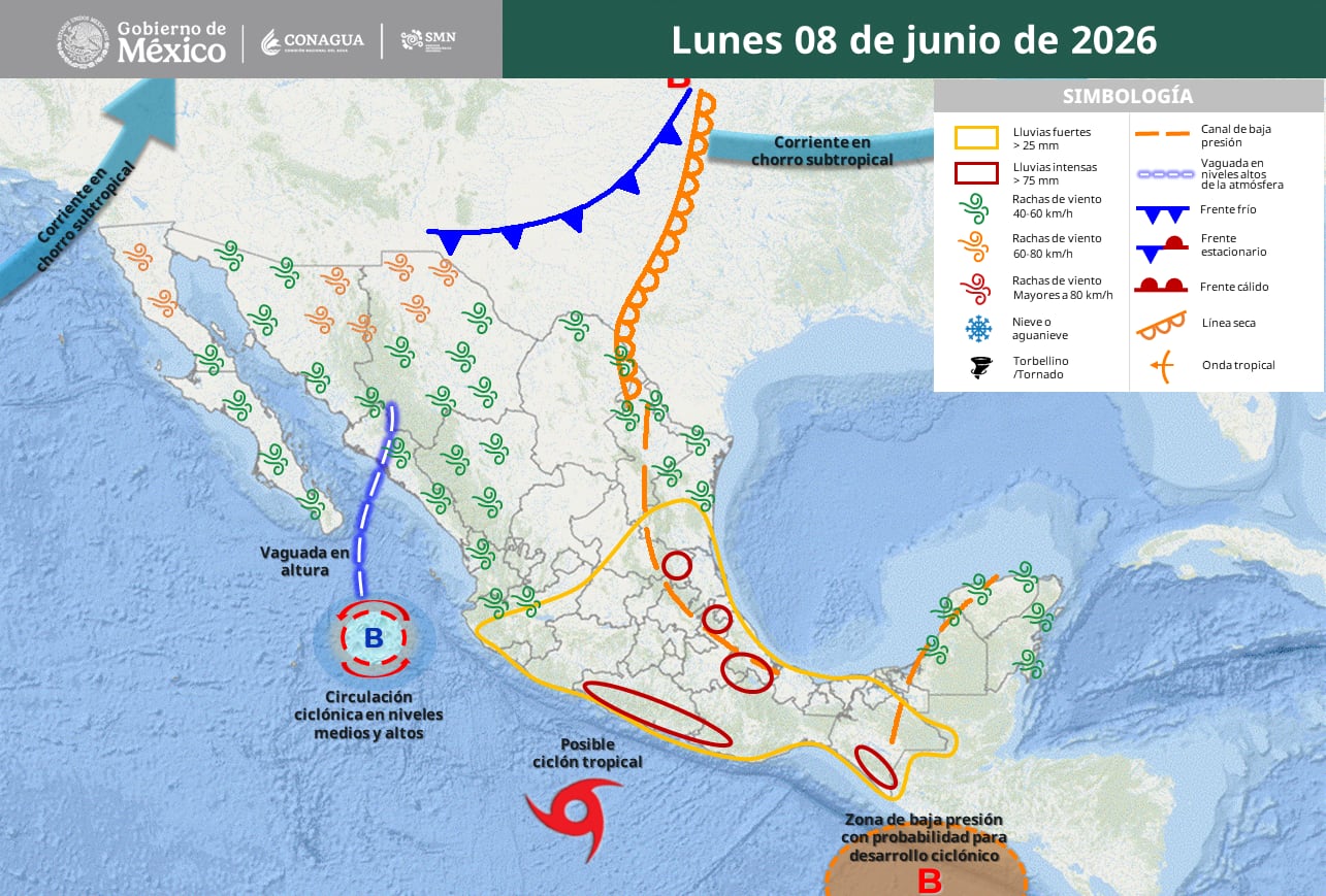 Mapa de pronóstico del tiempo del Servicio Meteorológico Nacional para el 8 de junio de 2026, mostrando zonas con lluvias intensas, rachas de viento y la posible formación de un ciclón tropical. (SMN/Conagua)