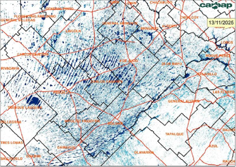 Las imágenes satelitales del informe de CARBAP sobre la acumulación de agua en el centro bonaerense
