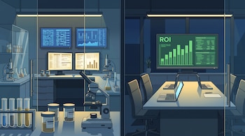 Un laboratorio con microscopios y tubos de ensayo junto a una sala de reuniones con computadoras y una pantalla con gráficos.