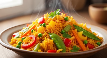 Arroz amarillo cocido con guisantes verdes, pimientos rojos y amarillos, zanahoria y tirabeques, decorado con perejil y hebras de azafrán, emite vapor en un plato marrón.