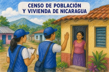 Ilustración a lápiz de dos censistas de gorra y chaleco azul hablando con una mujer en la entrada de una casa bajo un letrero.