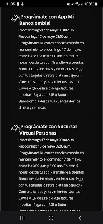 La interrupción en los servicios de la aplicación de Bancolombia se debe a un mantenimiento programado - crédito captura de pantalla / Bancolombia